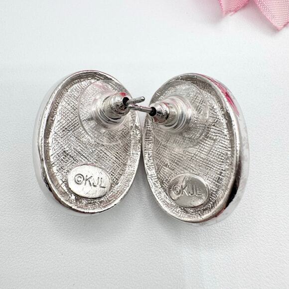 Vintage KJL Kenneth Jay Lane Faux Pearl Cabochon Crystal Rhinestone Earrings - Picture 9 of 15